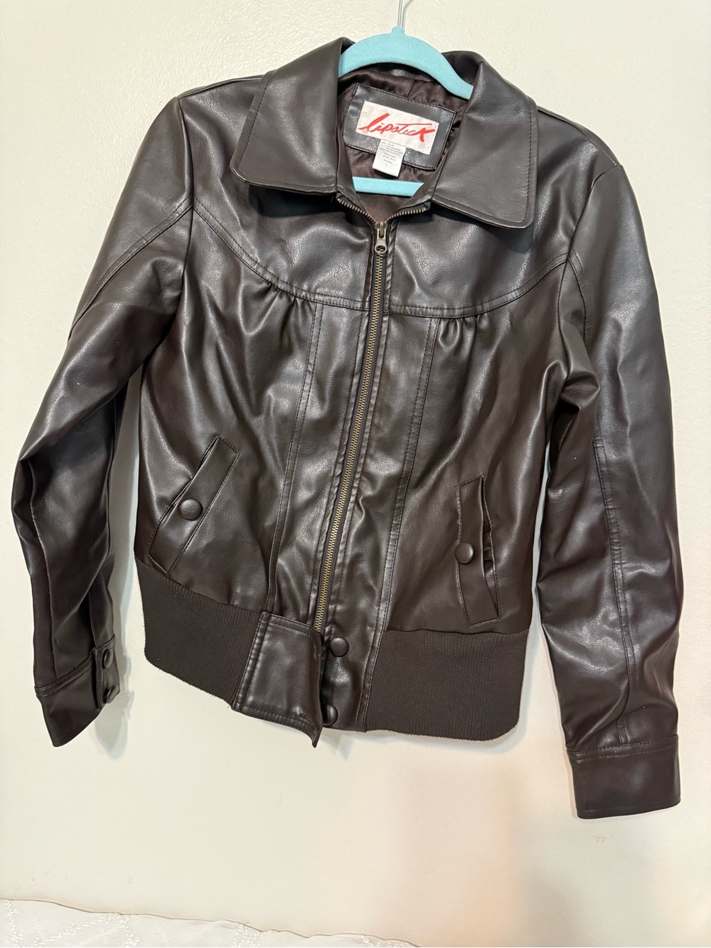 Lipstick Boutique Women's Dark Brown Faux Leather Bomber Jacket